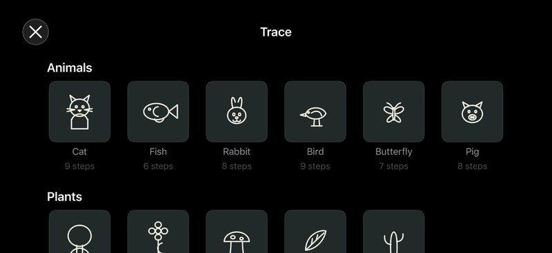 The Trace picker, showing animals and plants broken into stroke-order steps.